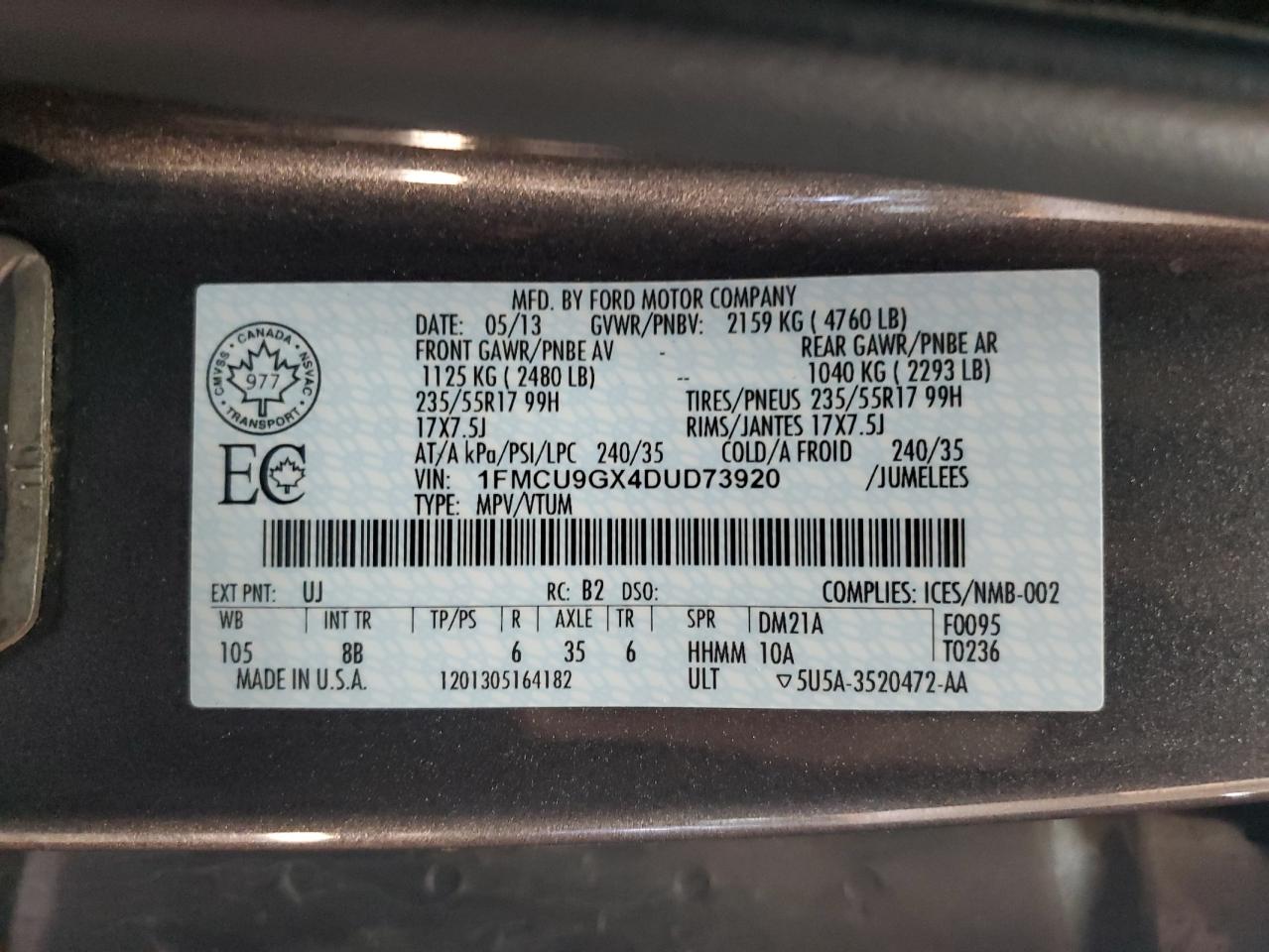 2013 Ford Escape Se VIN: 1FMCU9GX4DUD73920 Lot: 63102004