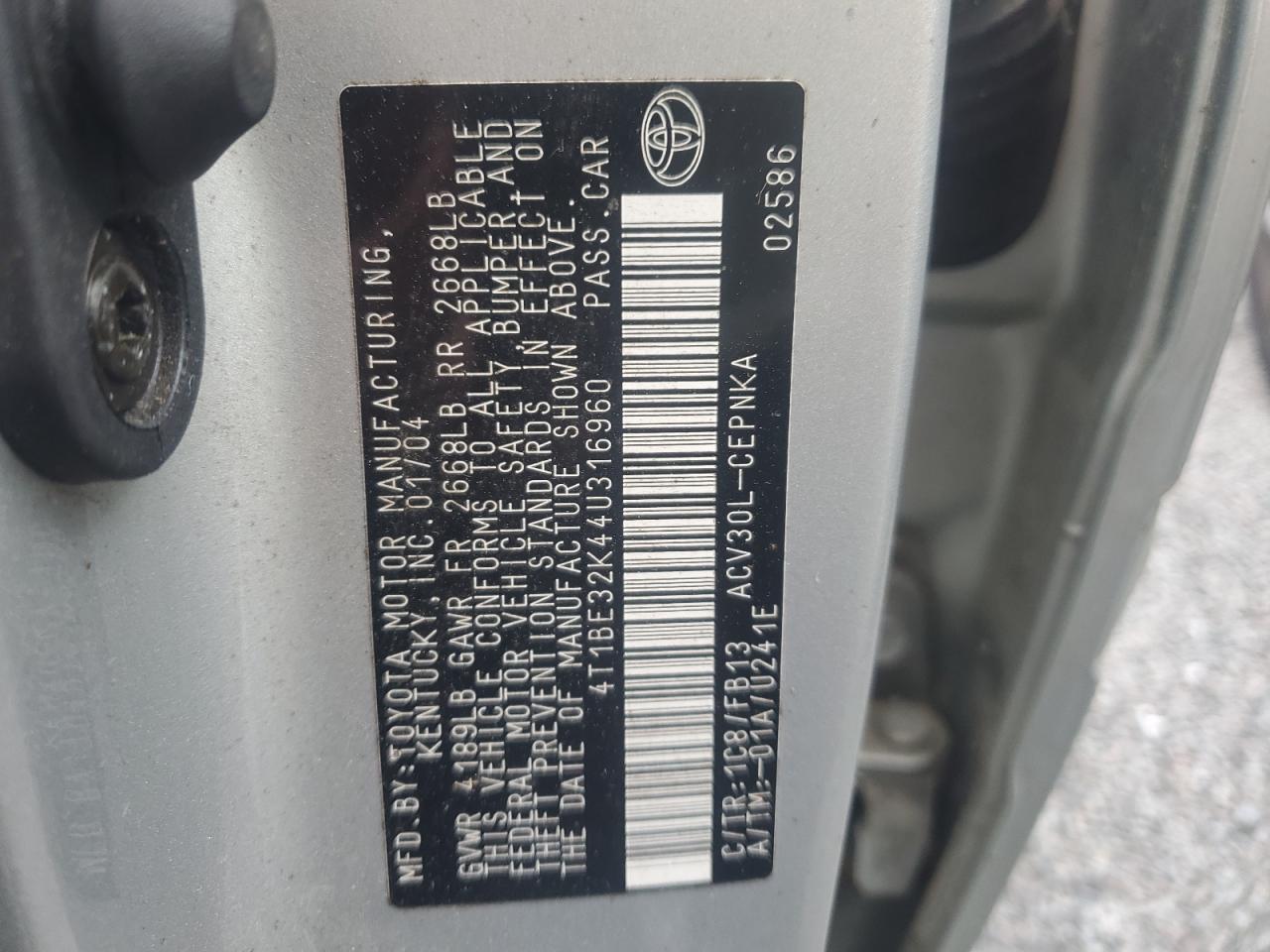 2004 Toyota Camry Le VIN: 4T1BE32K44U316960 Lot: 62685244