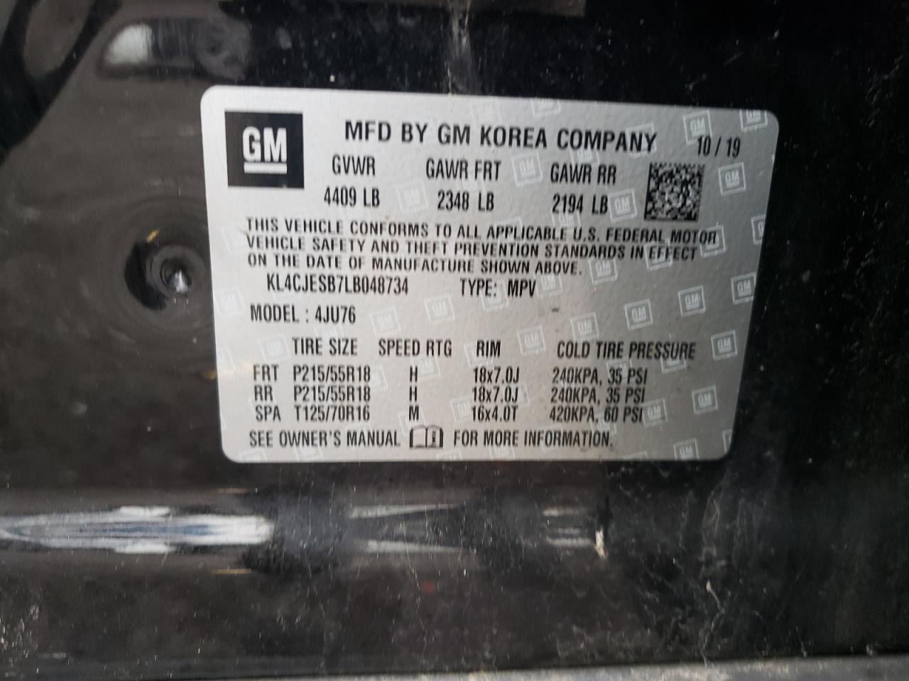 2020 Buick Encore Preferred VIN: KL4CJESB7LB048734 Lot: 63450334