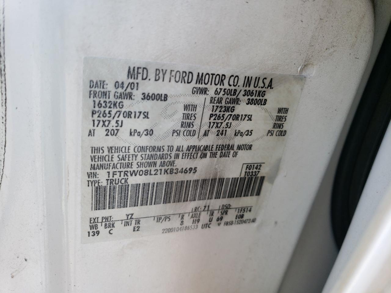 2001 Ford F150 Supercrew VIN: 1FTRW08L21KB34695 Lot: 61884274