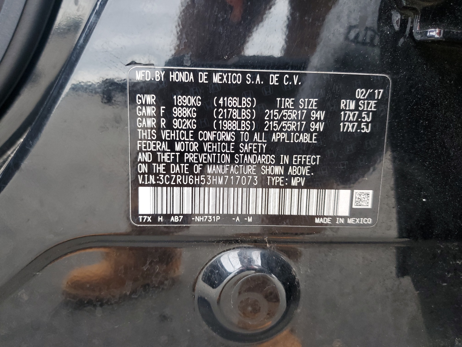 3CZRU6H53HM717073 2017 Honda Hr-V Ex