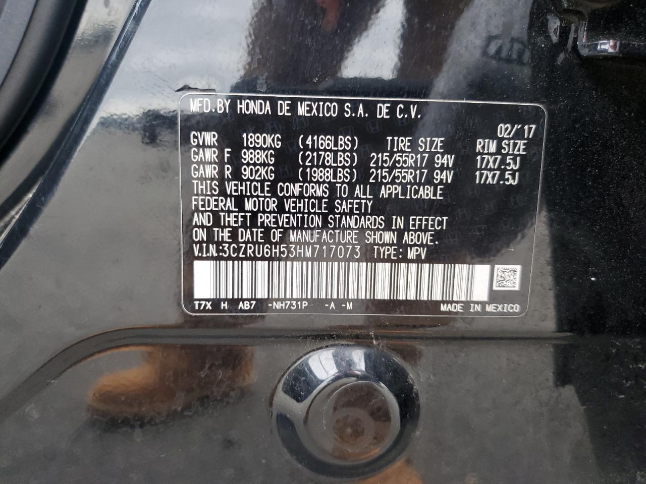 2017 Honda Hr-V Ex VIN: 3CZRU6H53HM717073 Lot: 61924794