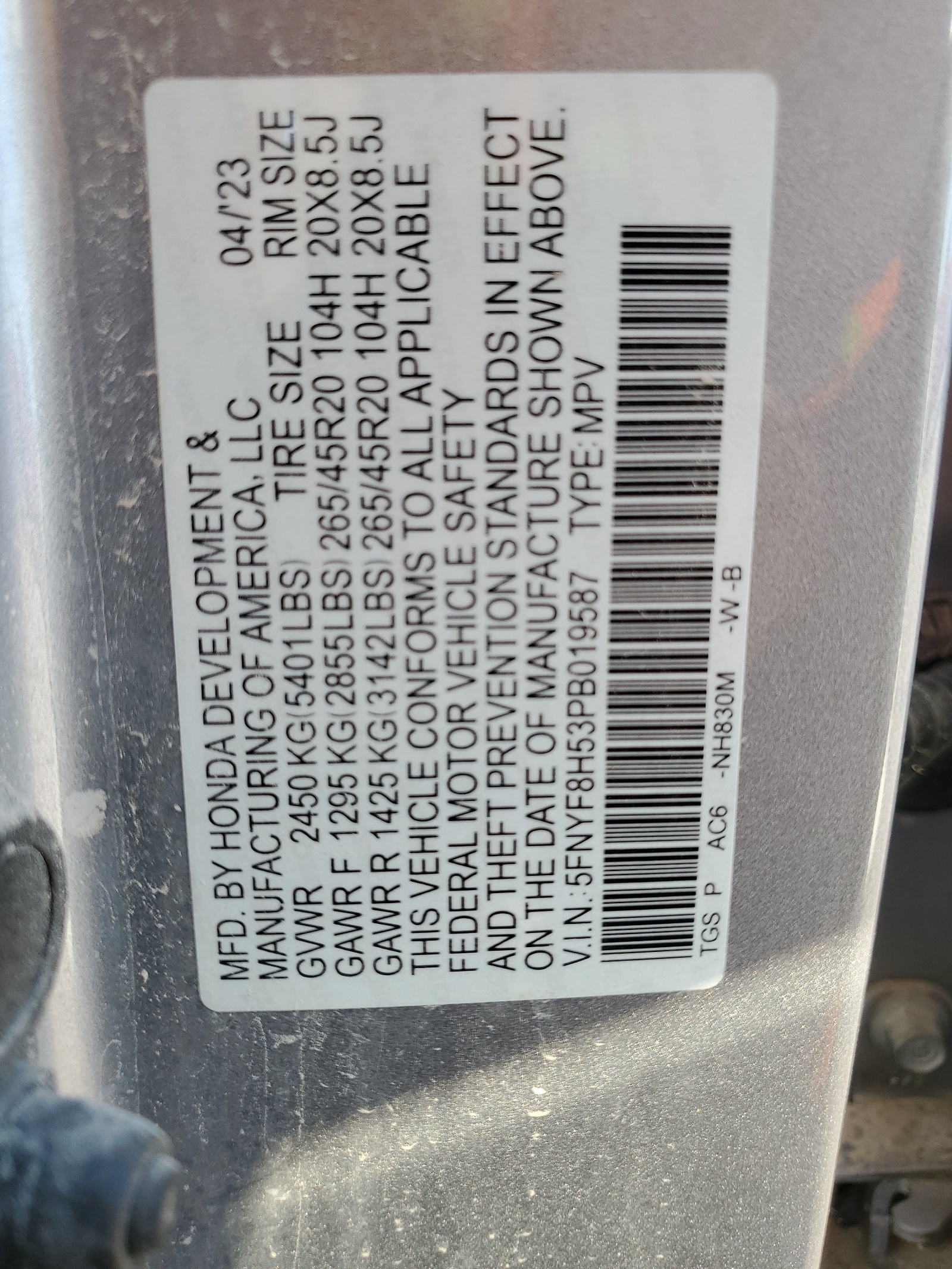 5FNYF8H53PB019587 2023 Honda Passport Exl