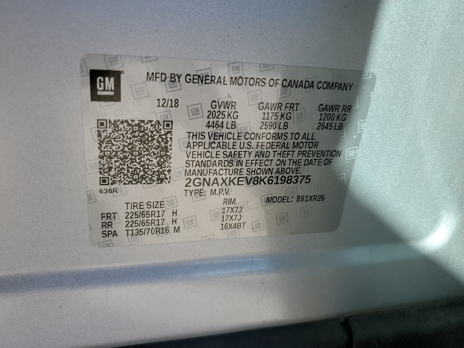 2GNAXKEV8K6198375 2019 Chevrolet Equinox Lt