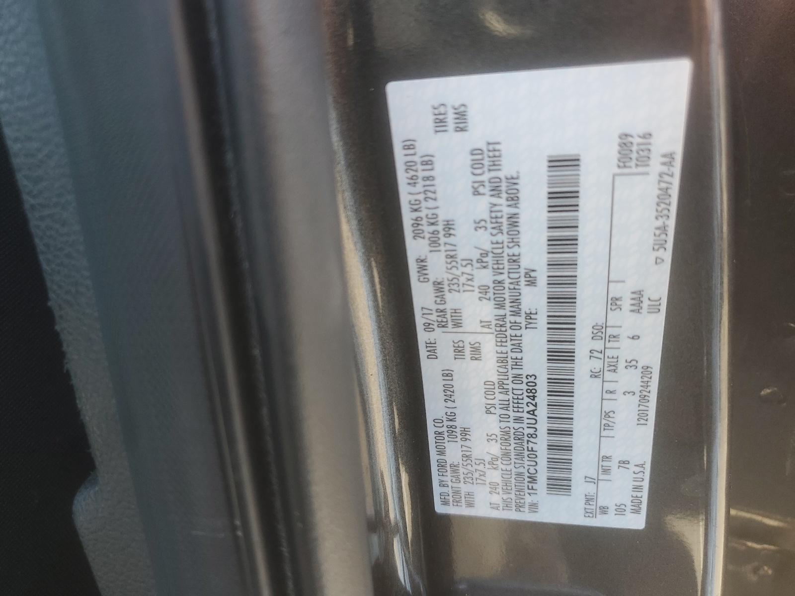 1FMCU0F78JUA24803 2018 Ford Escape S