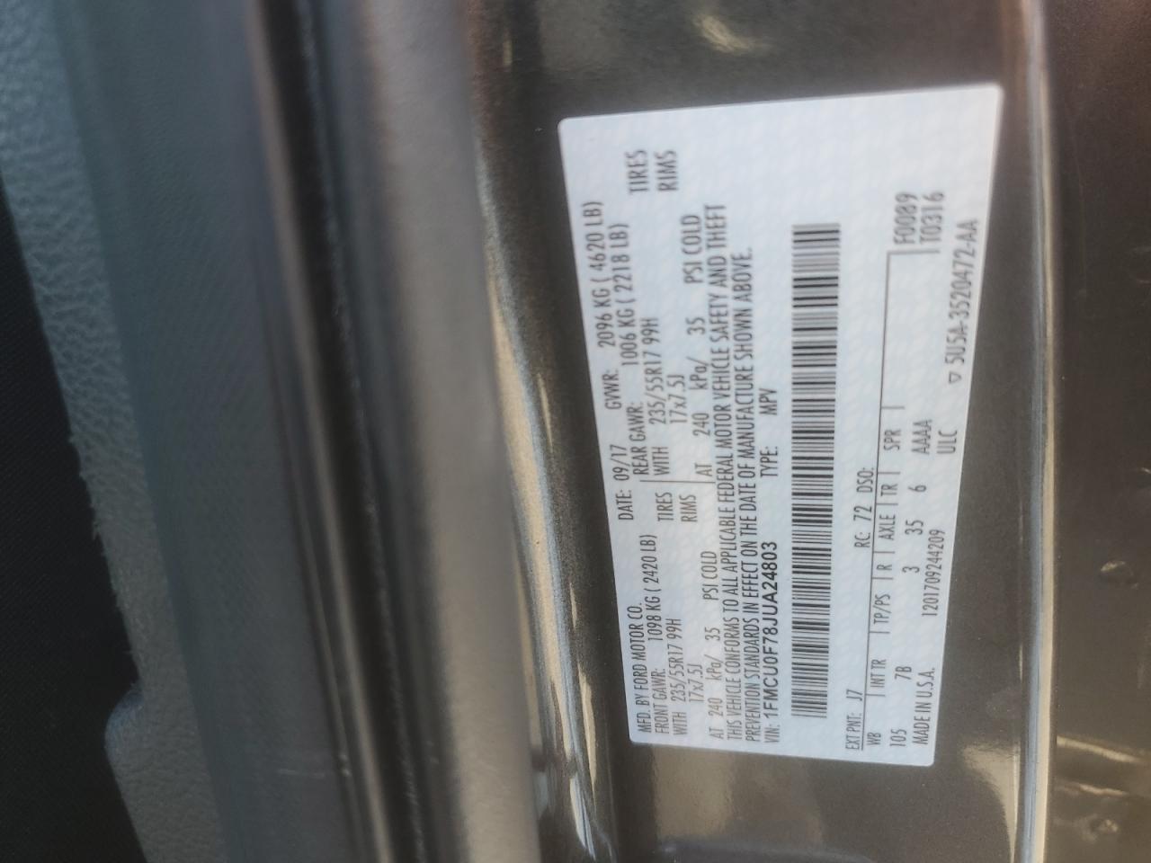 2018 Ford Escape S VIN: 1FMCU0F78JUA24803 Lot: 63765524