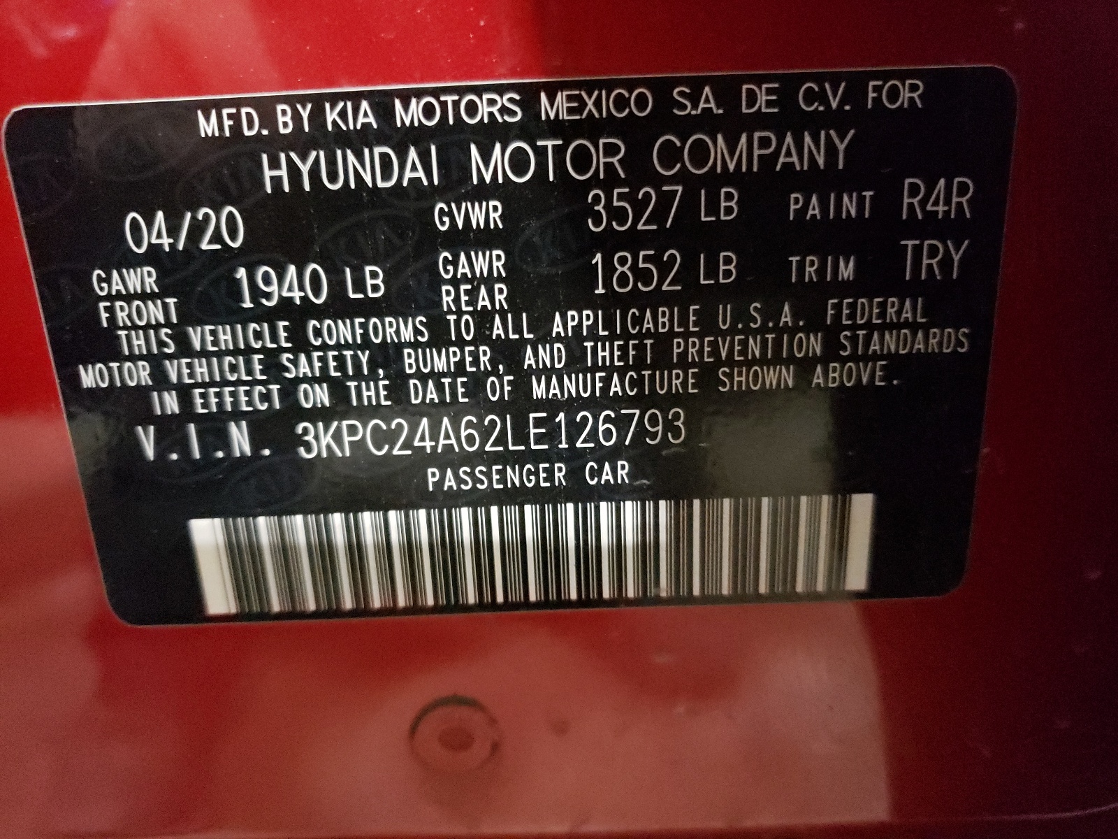 3KPC24A62LE126793 2020 Hyundai Accent Se