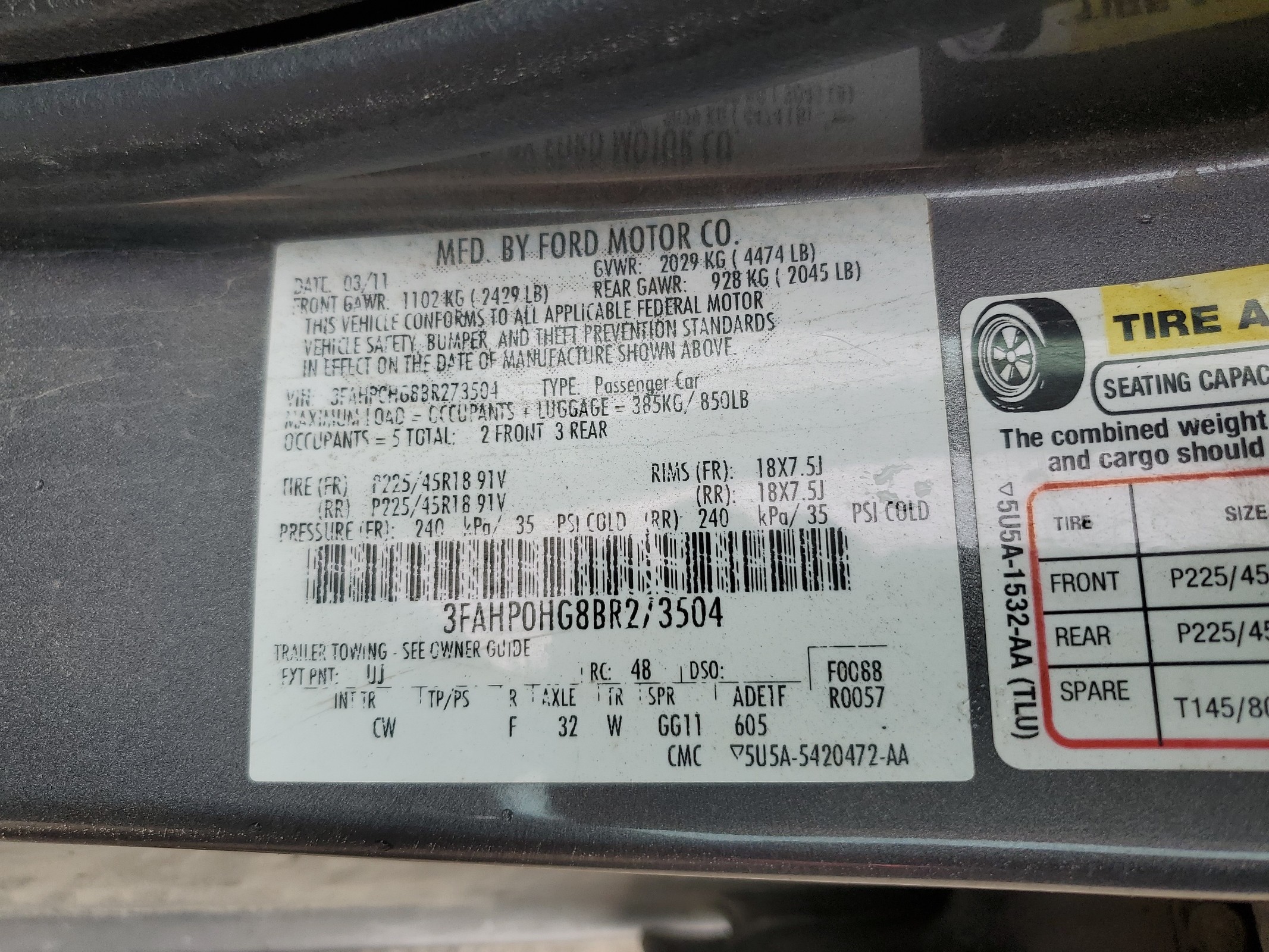 3FAHP0HG8BR273504 2011 Ford Fusion Se