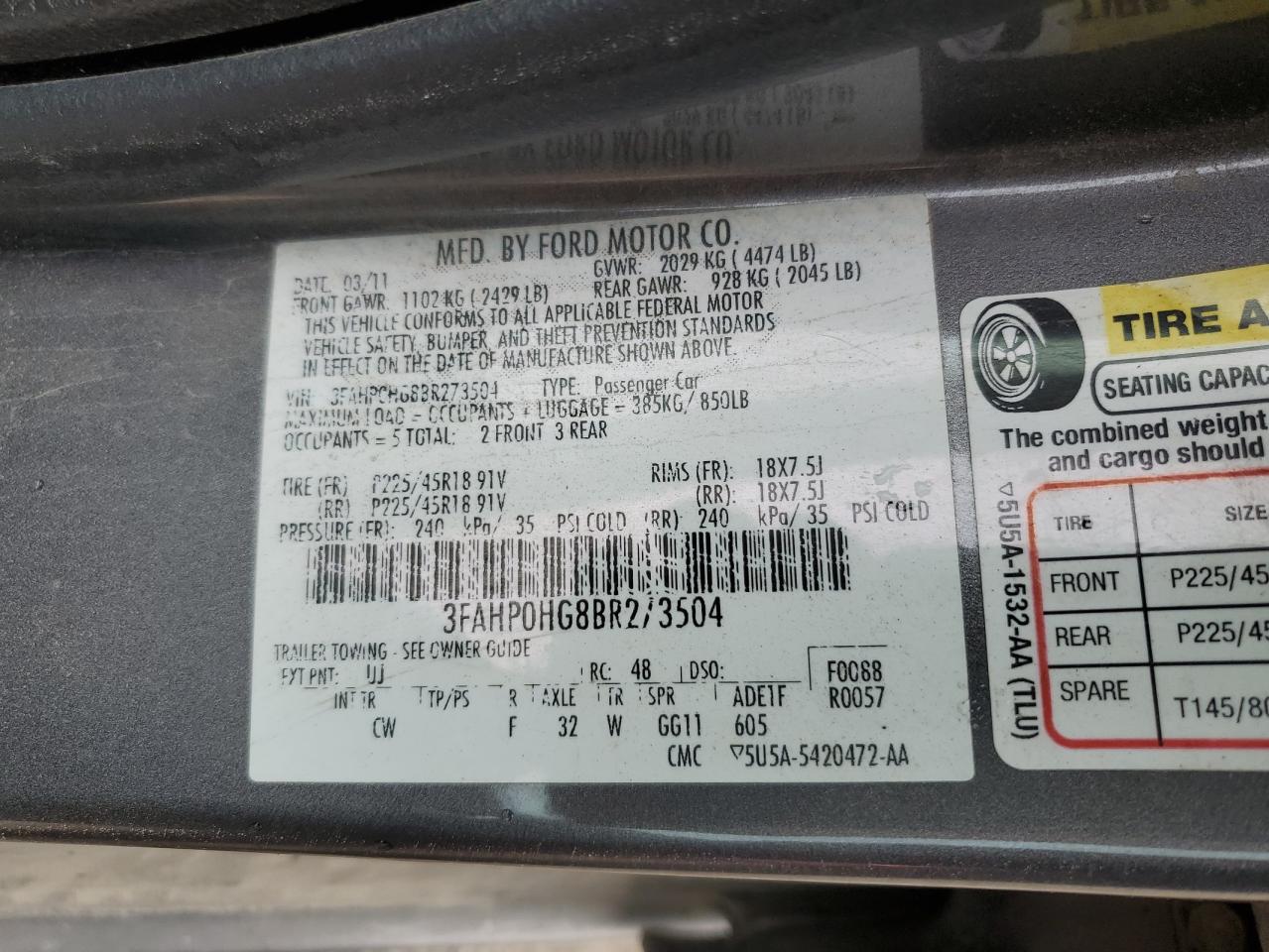 2011 Ford Fusion Se VIN: 3FAHP0HG8BR273504 Lot: 60597354