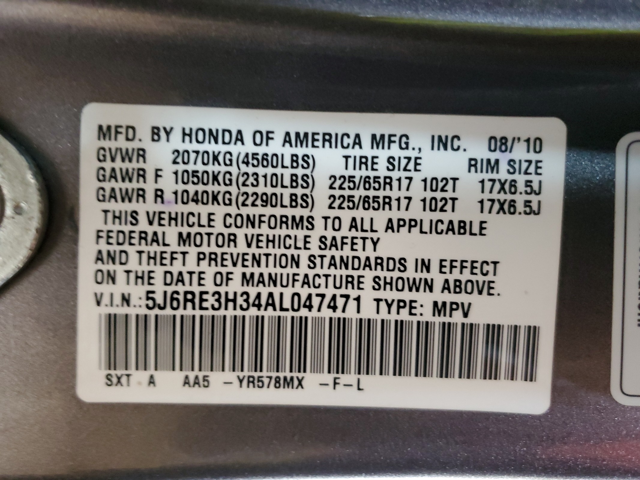 5J6RE3H34AL047471 2010 Honda Cr-V Lx