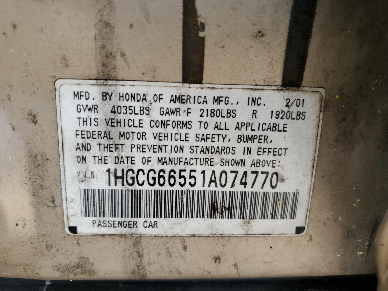 2001 Honda Accord Lx VIN: 1HGCG66551A074770 Lot: 62856494