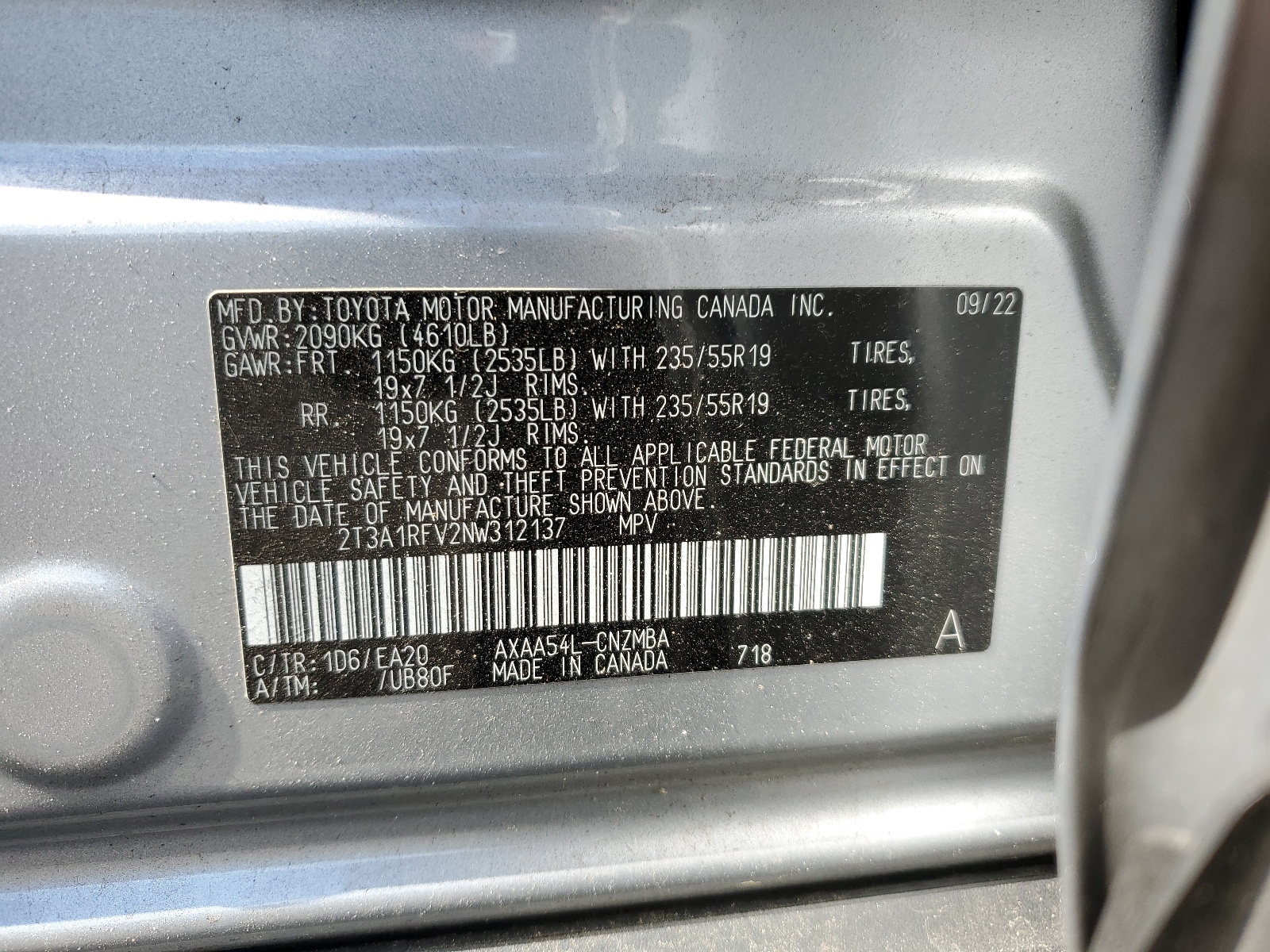 2T3A1RFV2NW312137 2022 Toyota Rav4 Xle Premium