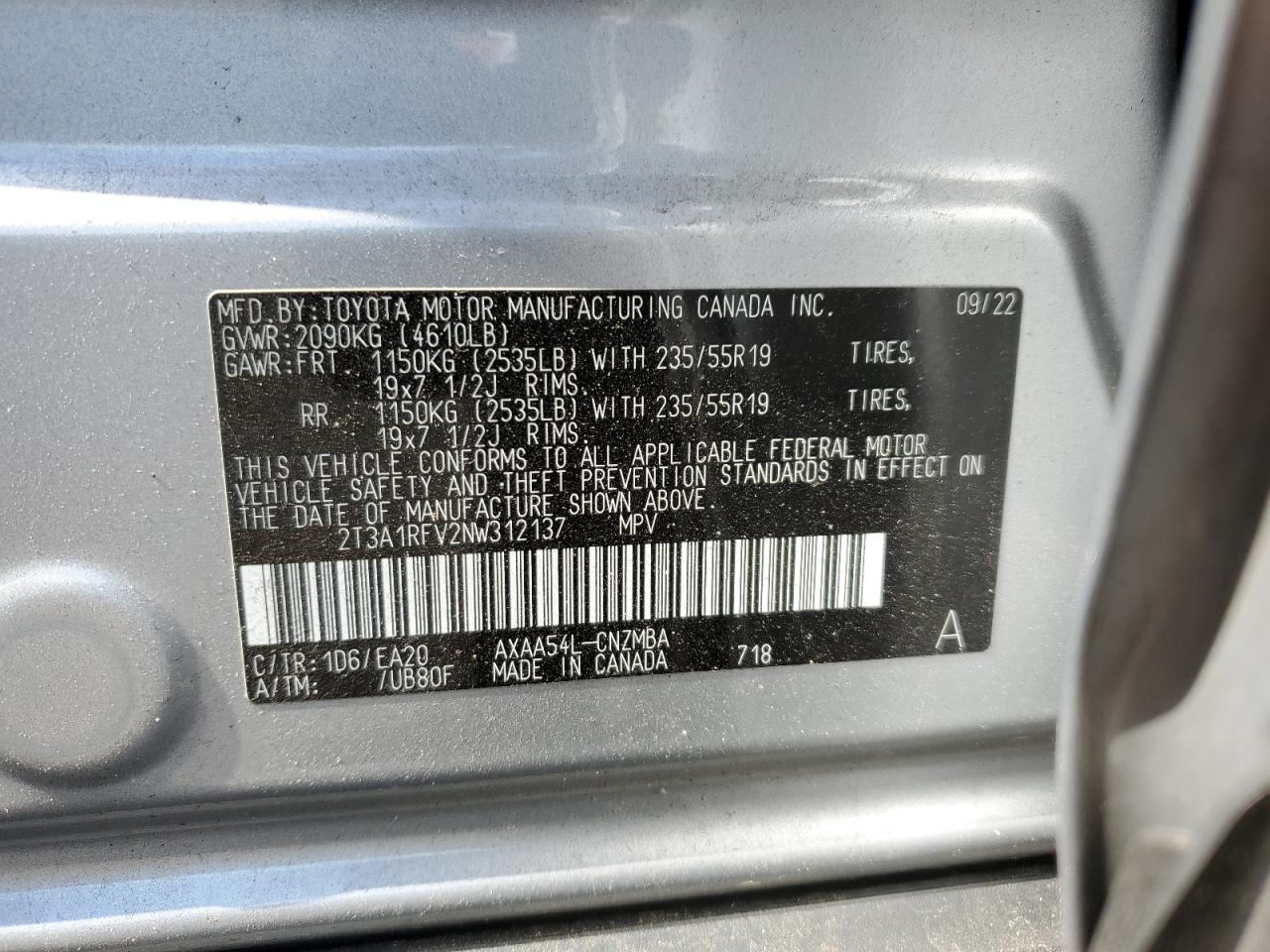 2022 Toyota Rav4 Xle Premium VIN: 2T3A1RFV2NW312137 Lot: 62176914