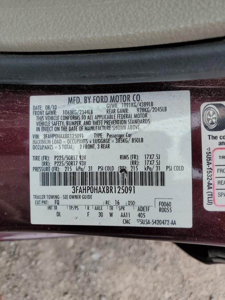 2011 Ford Fusion Se VIN: 3FAHP0HAXBR125091 Lot: 62715154