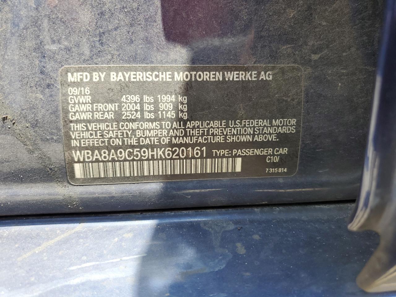 2017 BMW 320 I VIN: WBA8A9C59HK620161 Lot: 62116204