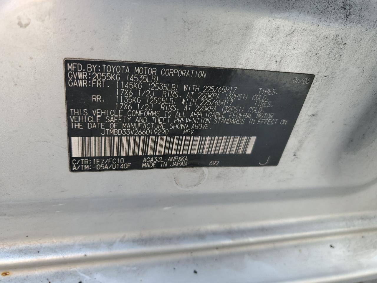 2006 Toyota Rav4 VIN: JTMBD33V266019290 Lot: 63936144