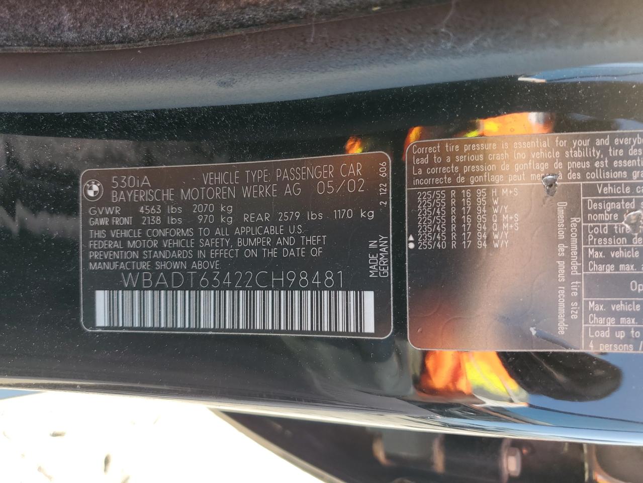 2002 BMW 530 I Automatic VIN: WBADT63422CH98481 Lot: 63845704