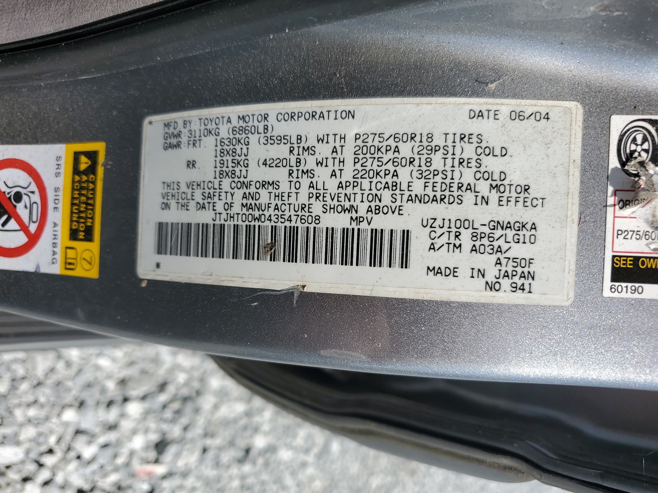 JTJHT00W043547608 2004 Lexus Lx 470