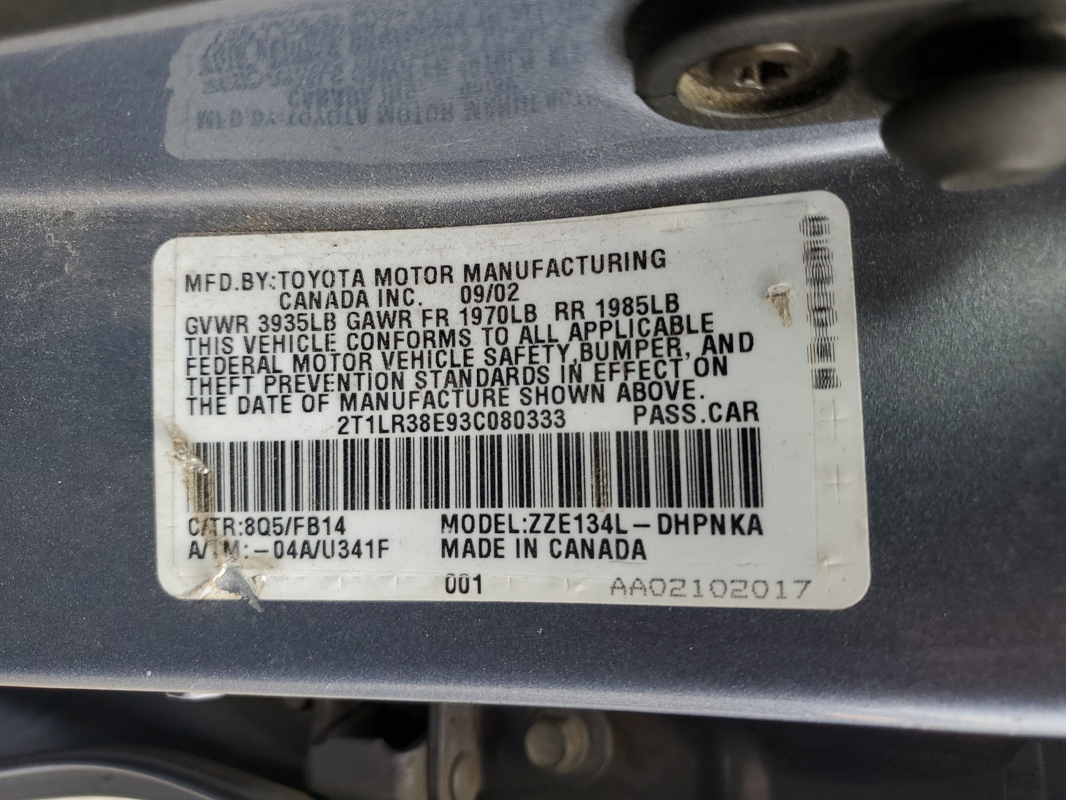 2T1LR38E93C080333 2003 Toyota Corolla Matrix Base