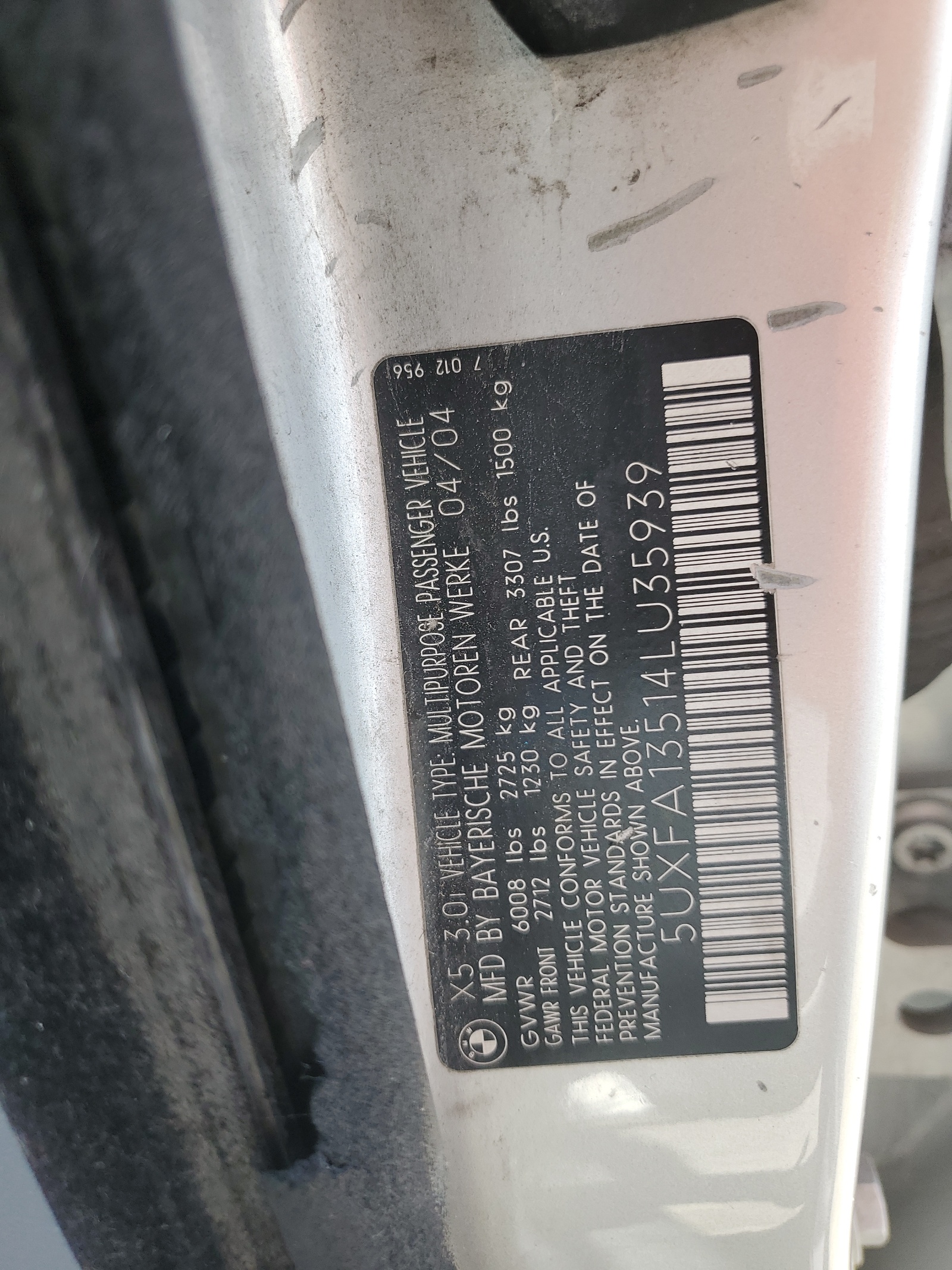 5UXFA13514LU35939 2004 BMW X5 3.0I