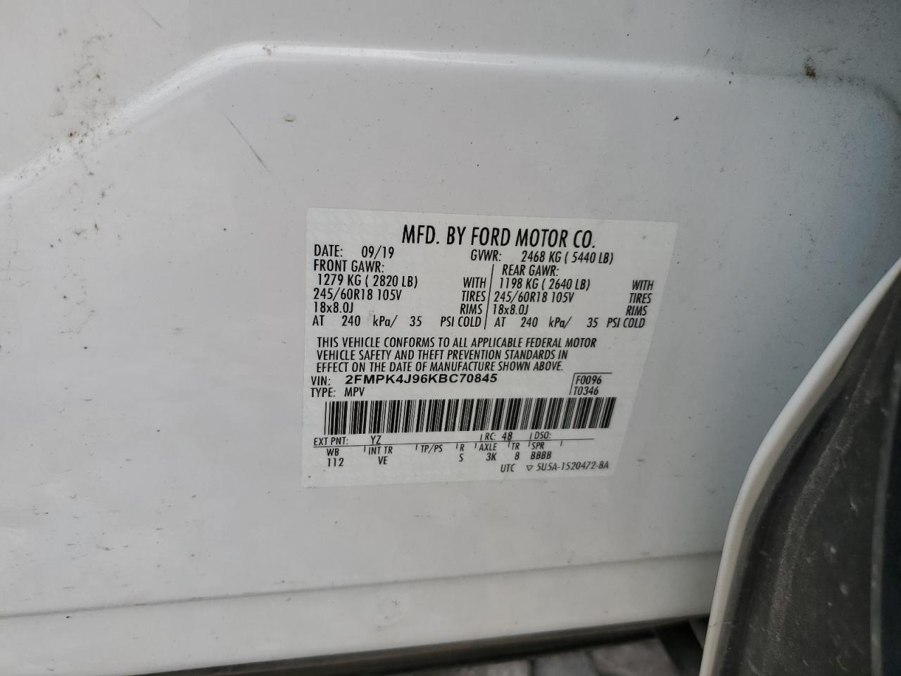 2019 Ford Edge Sel VIN: 2FMPK4J96KBC70845 Lot: 63851814