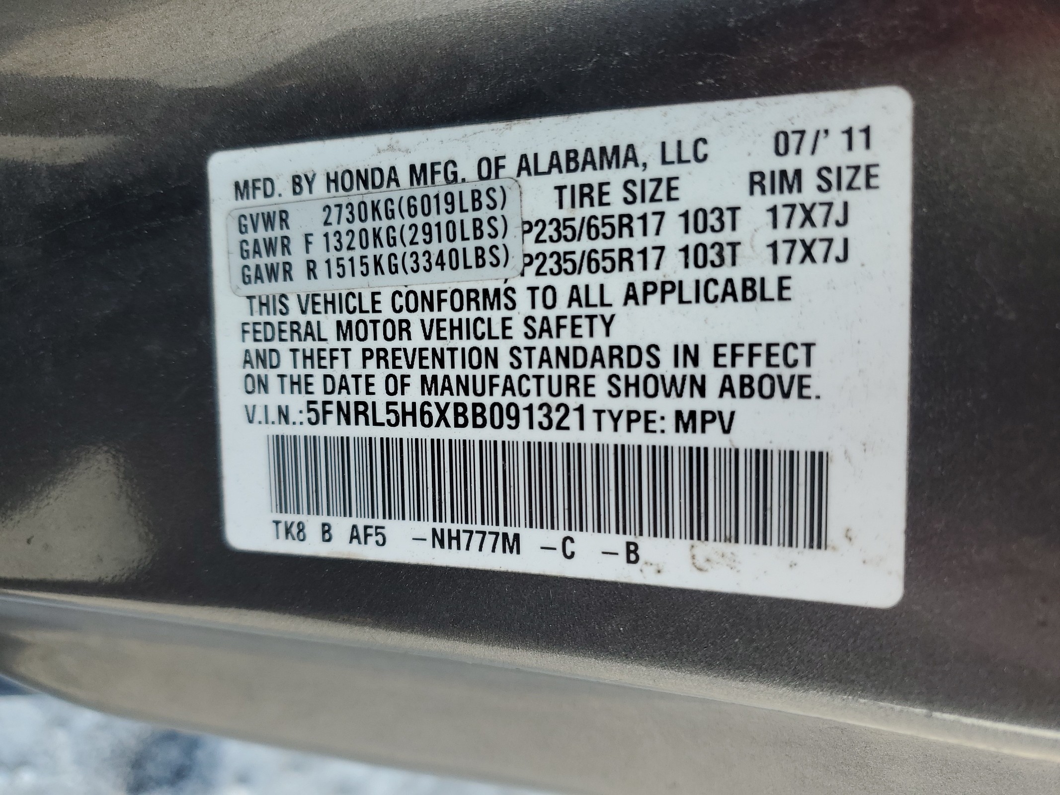 5FNRL5H6XBB091321 2011 Honda Odyssey Exl