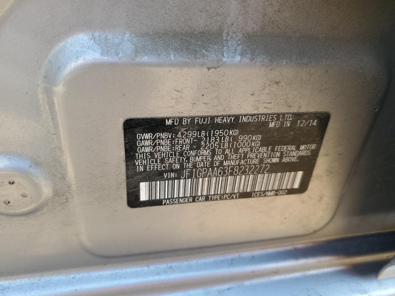 2015 Subaru Impreza VIN: JF1GPAA63F8232272 Lot: 61371704