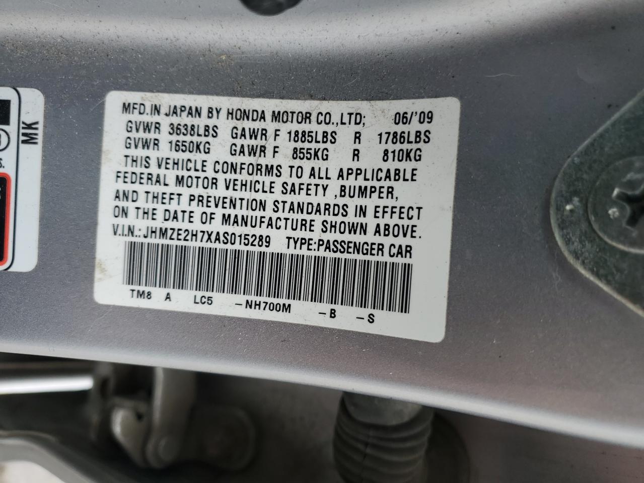 2010 Honda Insight Ex VIN: JHMZE2H7XAS015289 Lot: 65318434