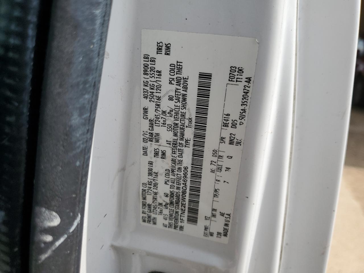 2011 Ford Econoline E250 Van VIN: 1FTNE2EW0BDA69606 Lot: 61661474