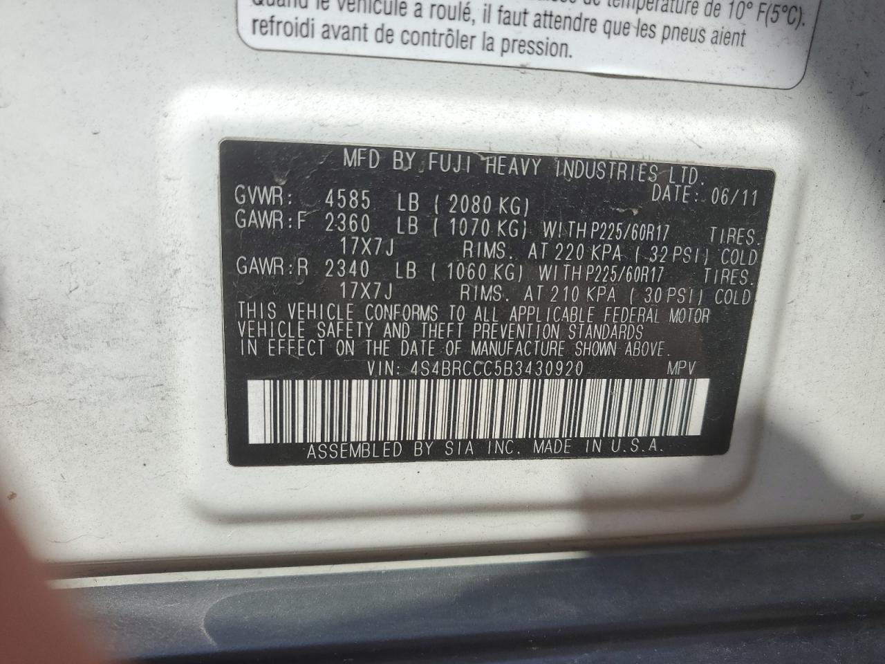 2011 Subaru Outback 2.5I Premium VIN: 4S4BRCCC5B3430920 Lot: 64899734