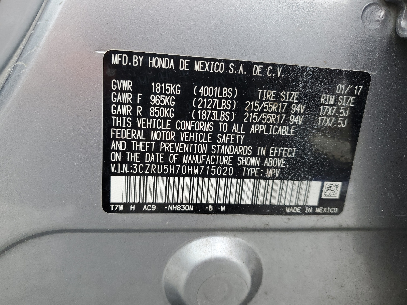 3CZRU5H70HM715020 2017 Honda Hr-V Exl