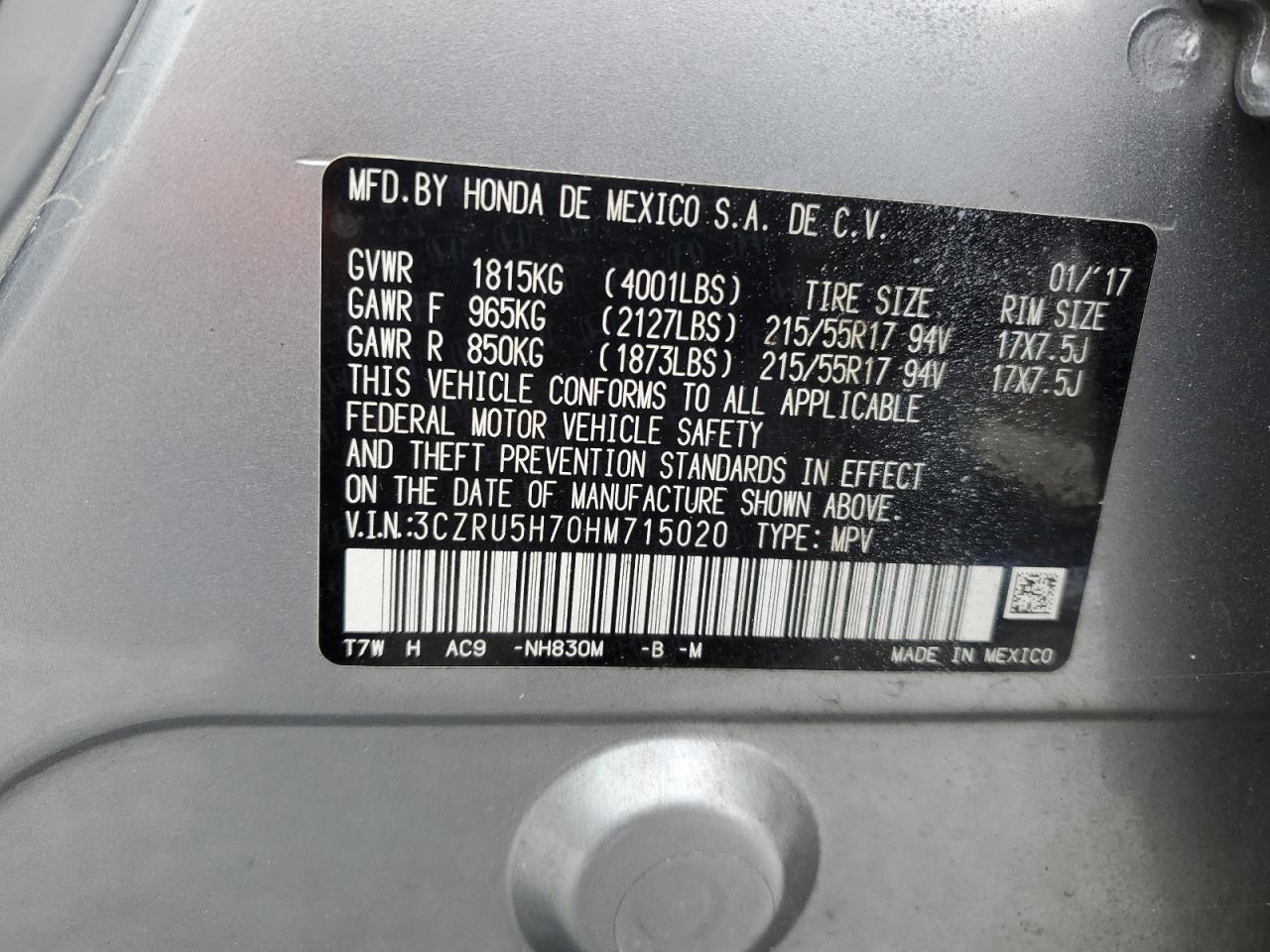 2017 Honda Hr-V Exl VIN: 3CZRU5H70HM715020 Lot: 64043964