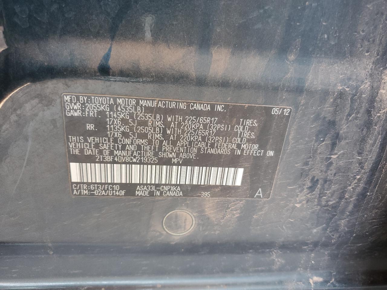 2012 Toyota Rav4 VIN: 2T3BF4DV8CW219325 Lot: 64422854