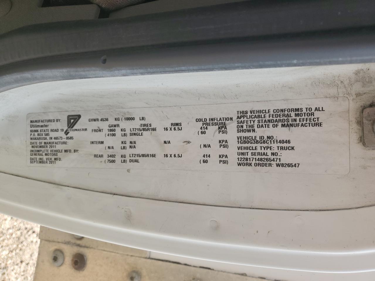 2012 Chevrolet Express G3500 VIN: 1GB0G3BG8C1114046 Lot: 61889444