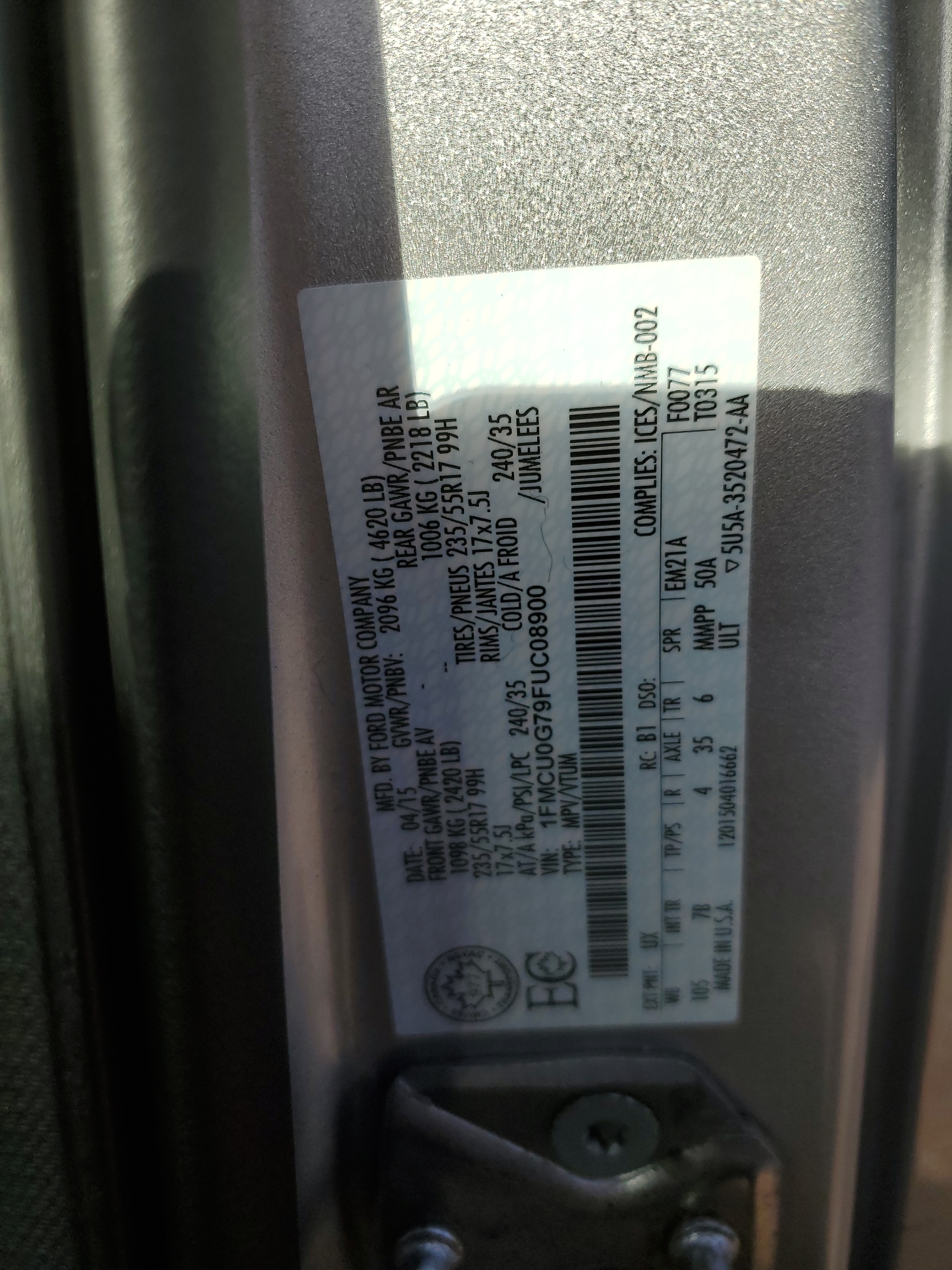 1FMCU0G79FUC08900 2015 Ford Escape Se