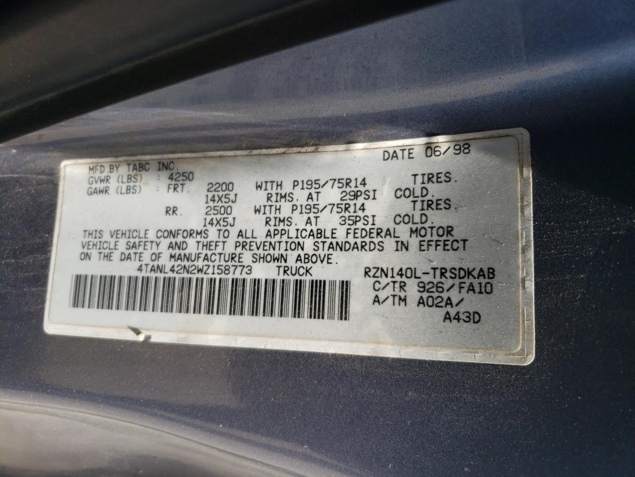 1998 Toyota Tacoma VIN: 4TANL42N2WZ158773 Lot: 63723064