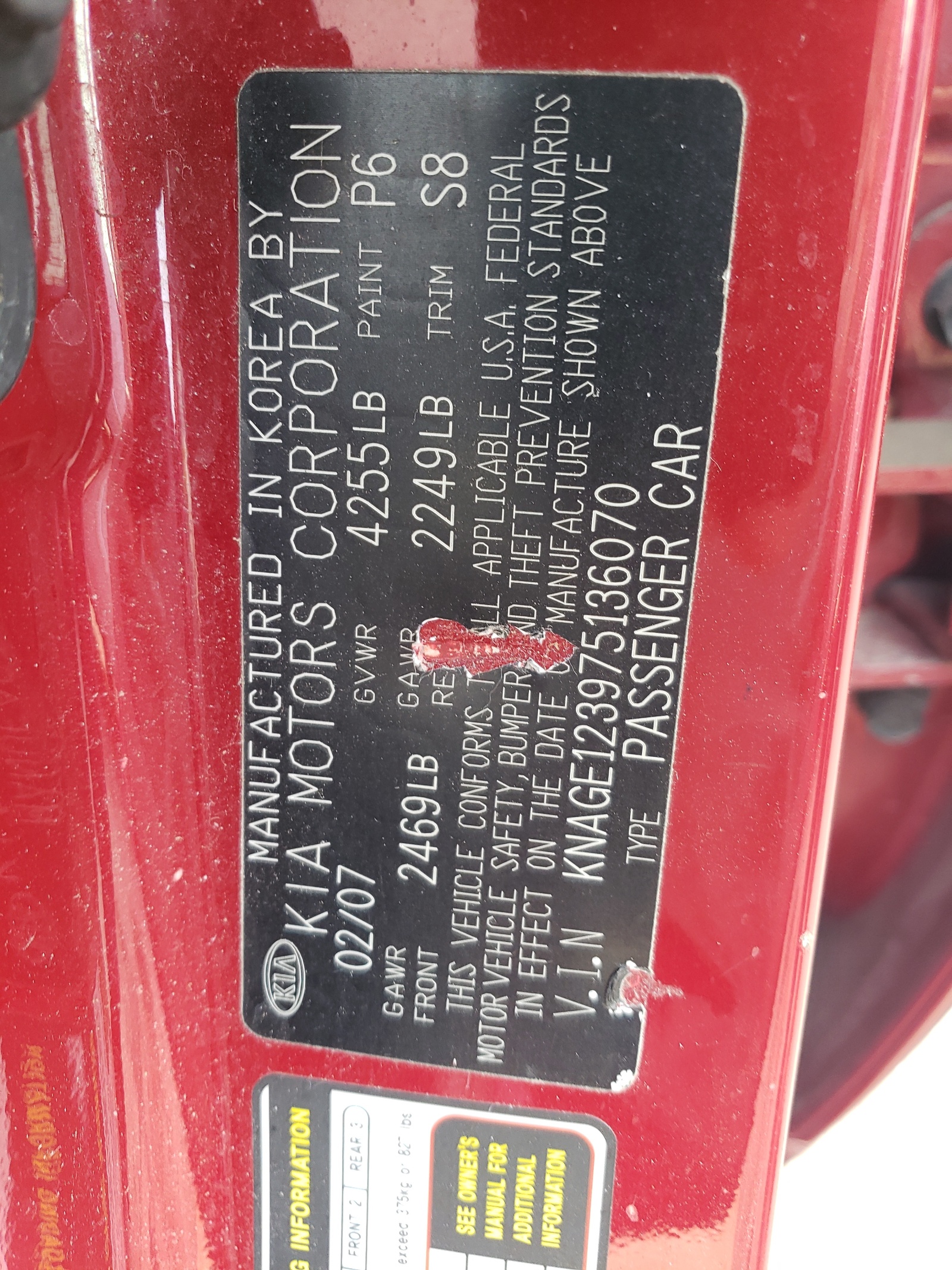 KNAGE123975136070 2007 Kia Optima Lx