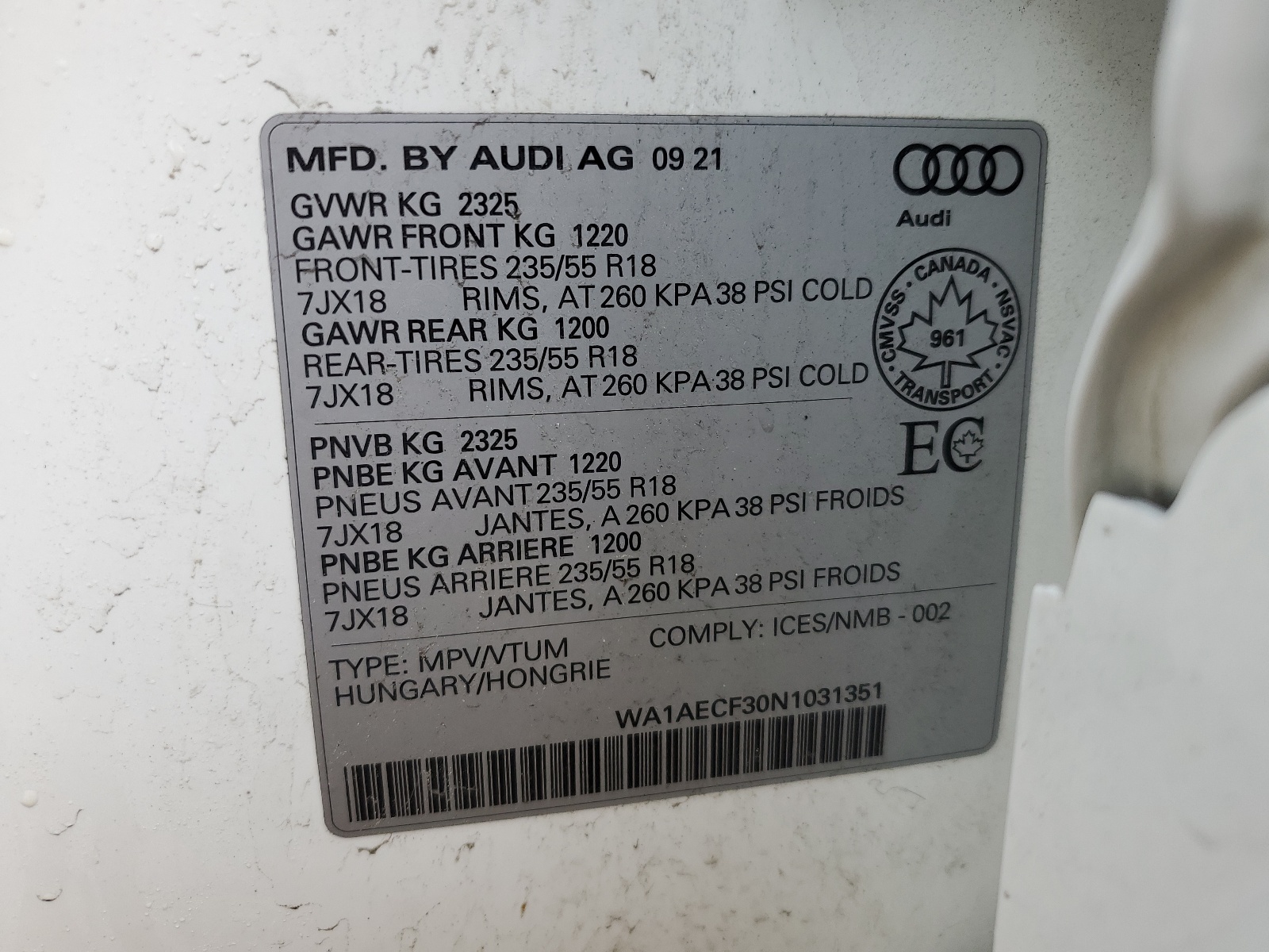 WA1AECF30N1031351 2022 Audi Q3 Komfort 45