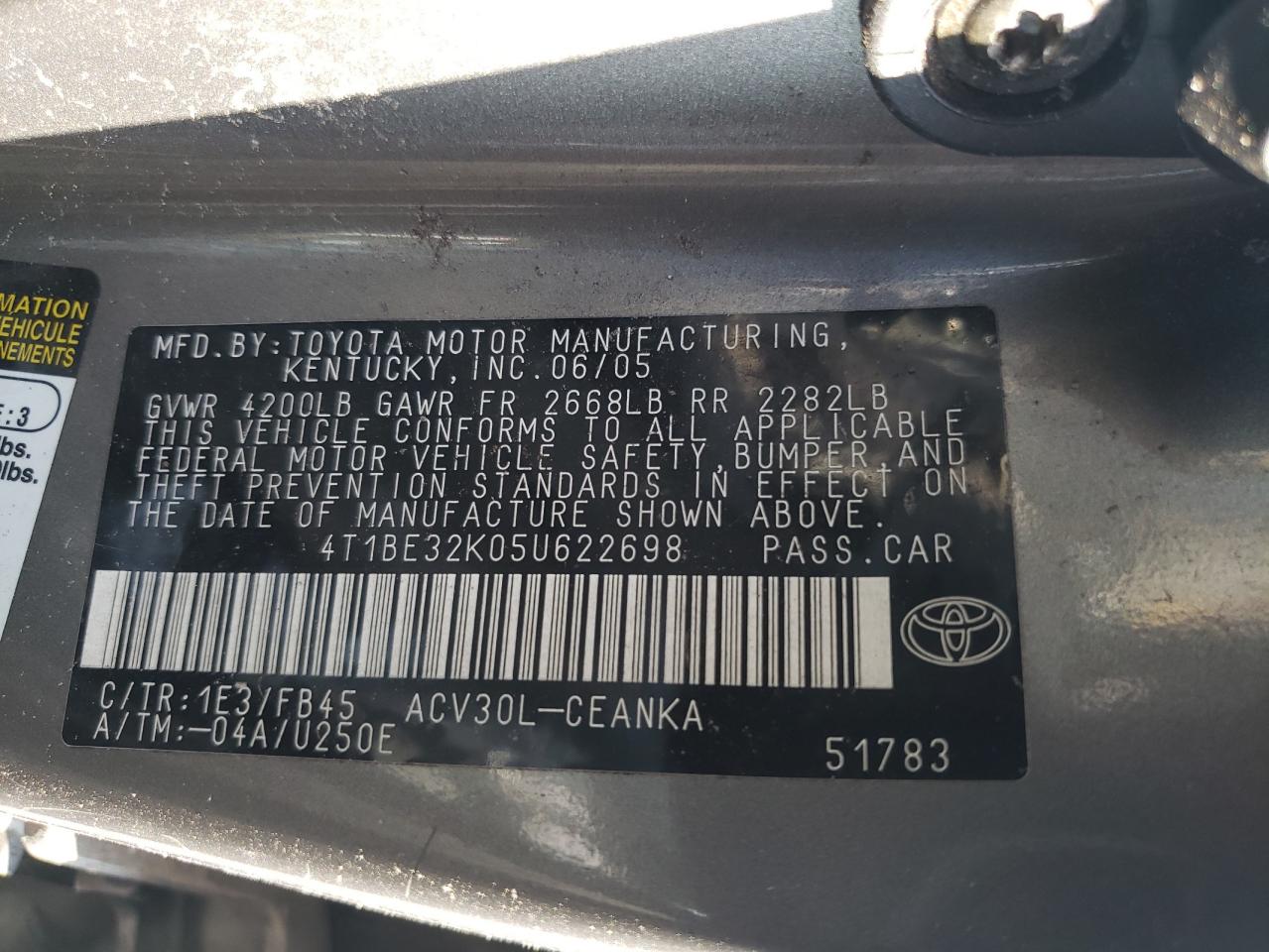 4T1BE32K05U622698 2005 Toyota Camry Le