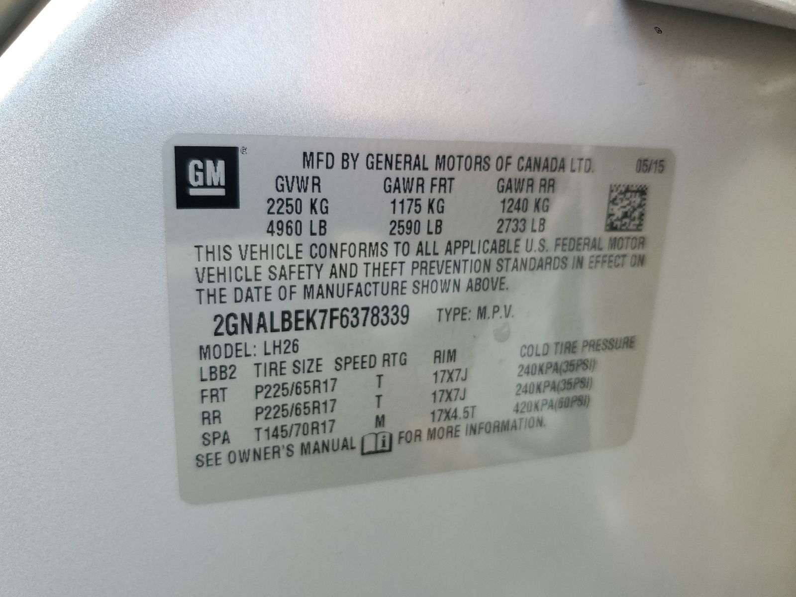 2GNALBEK7F6378339 2015 Chevrolet Equinox Lt