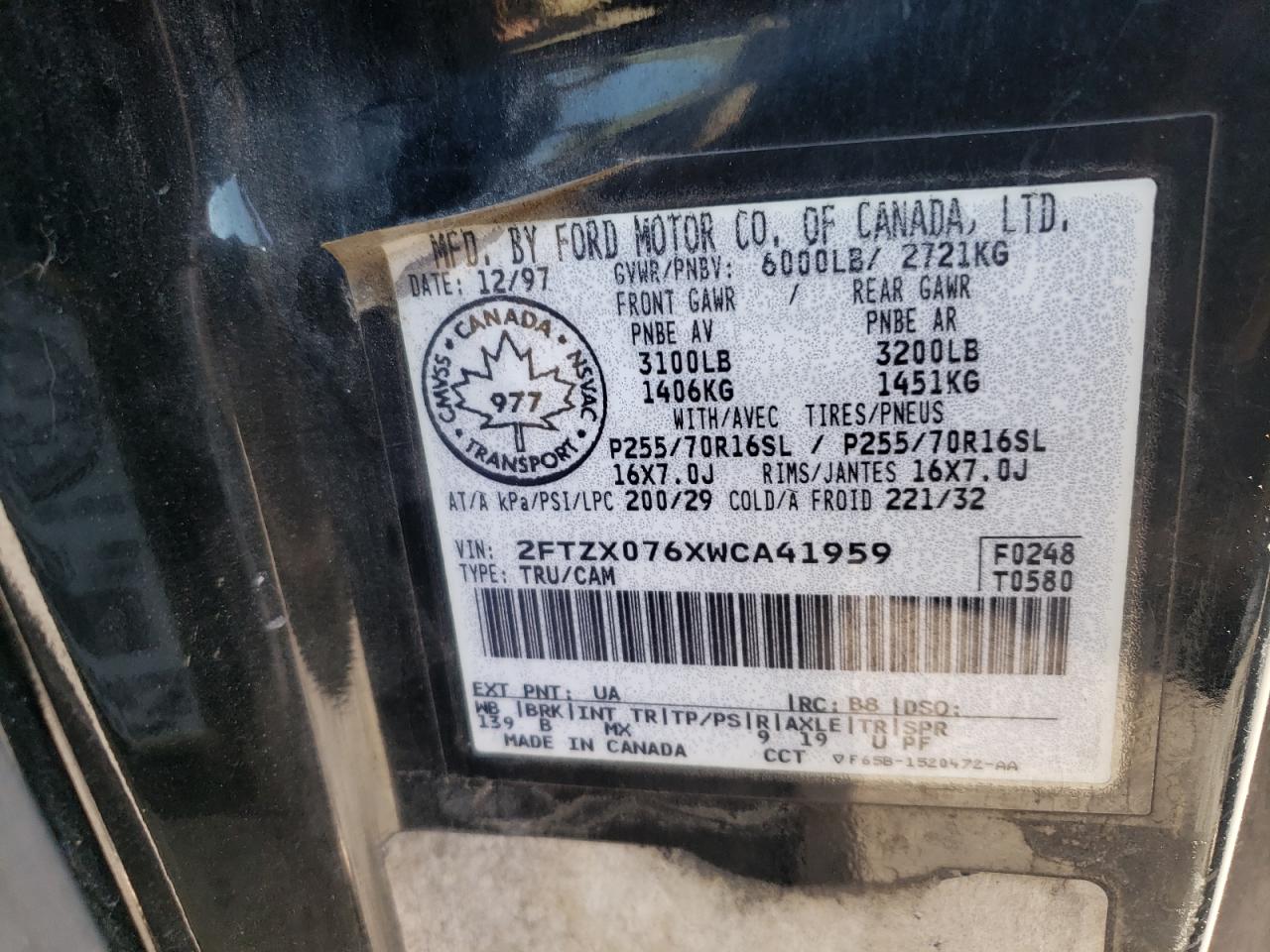 1998 Ford F150 VIN: 2FTZX076XWCA41959 Lot: 61722114