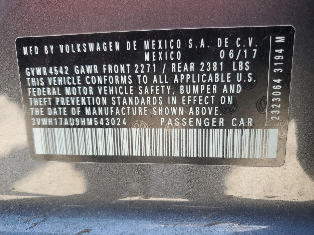 2017 Volkswagen Golf Alltrack S VIN: 3VWH17AU9HM543024 Lot: 63930054