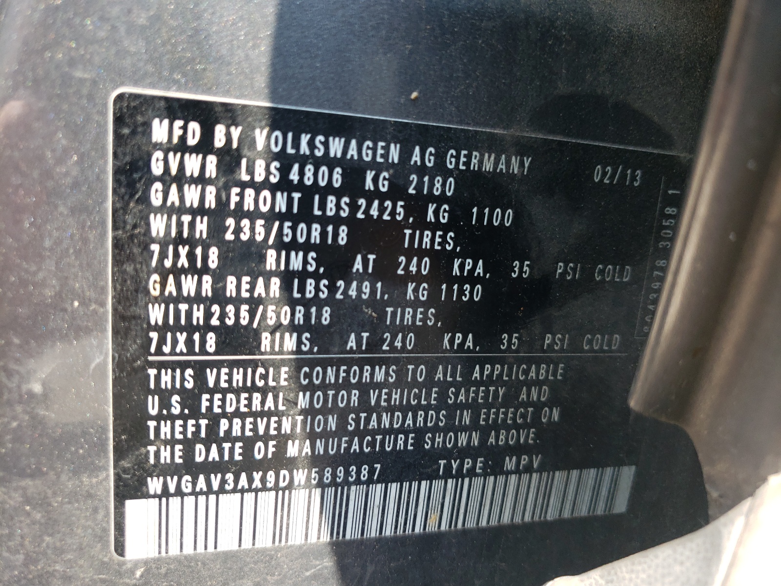 WVGAV3AX9DW589387 2013 Volkswagen Tiguan S