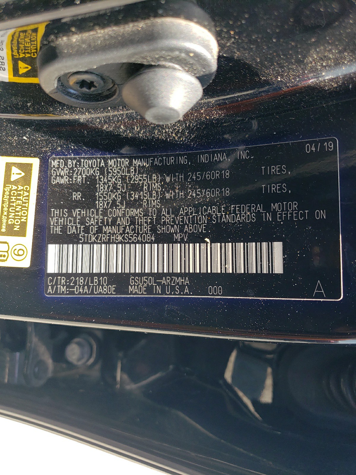 5TDKZRFH9KS564004 2019 Toyota Highlander Se