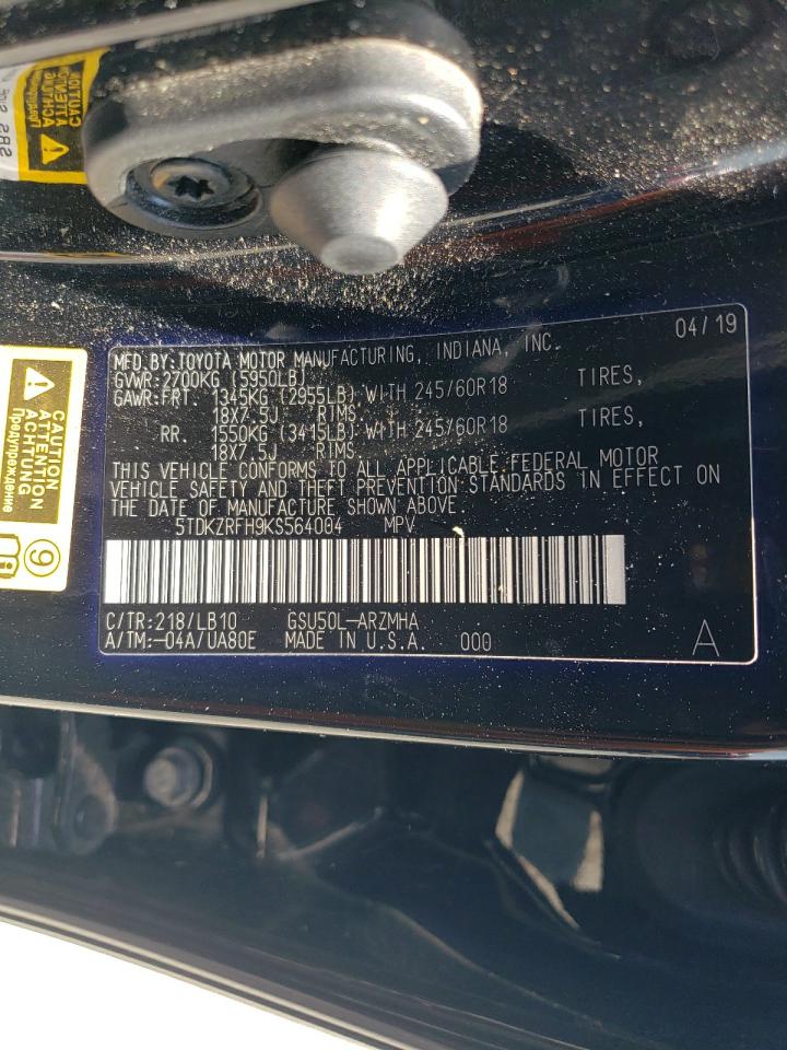 2019 Toyota Highlander Se VIN: 5TDKZRFH9KS564004 Lot: 62822754