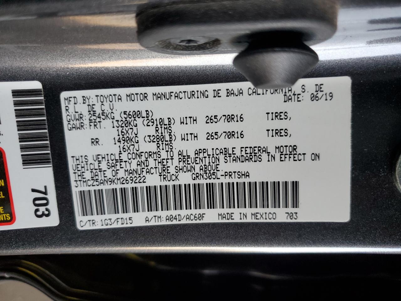 2019 Toyota Tacoma Double Cab VIN: 3TMCZ5AN9KM269222 Lot: 65258124