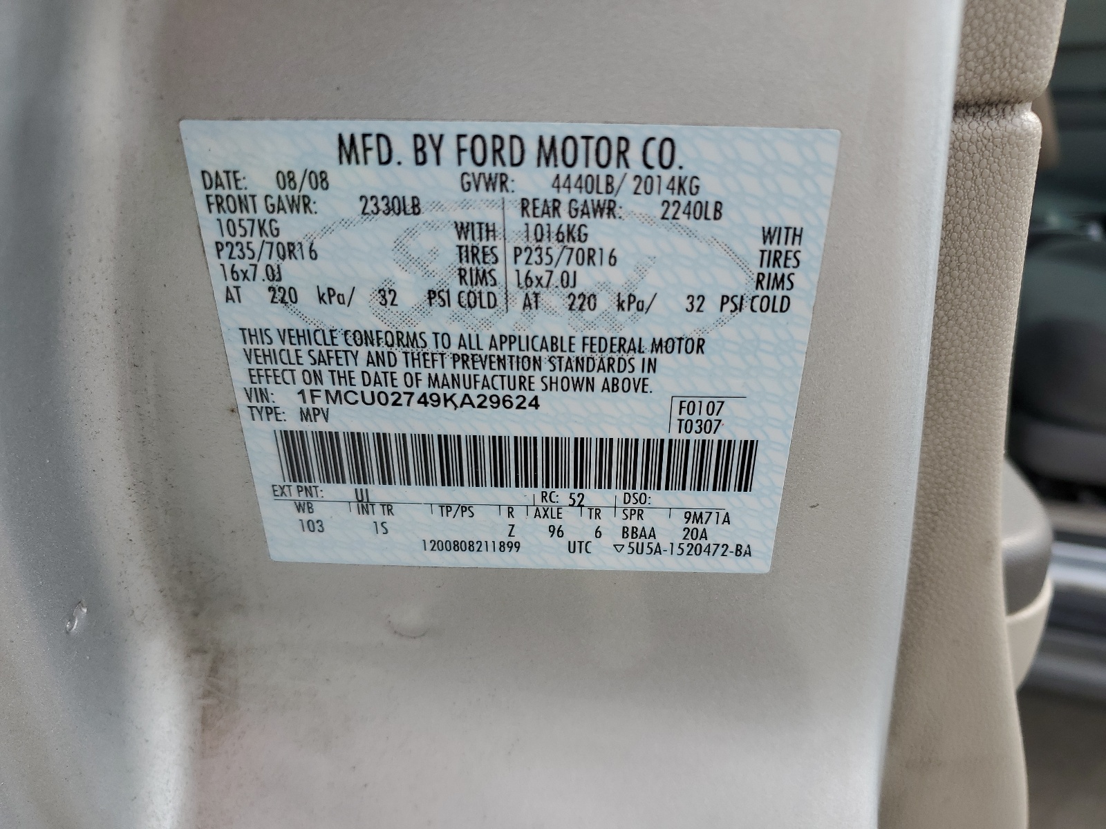 1FMCU02749KA29624 2009 Ford Escape Xls