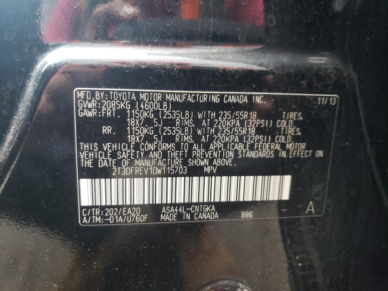 2013 Toyota Rav4 Limited VIN: 2T3DFREV1DW115703 Lot: 65175124
