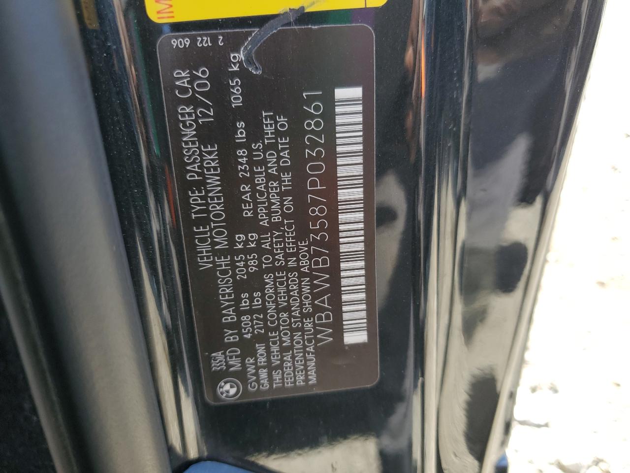 2007 BMW 335 I VIN: WBAWB73587P032861 Lot: 61124584