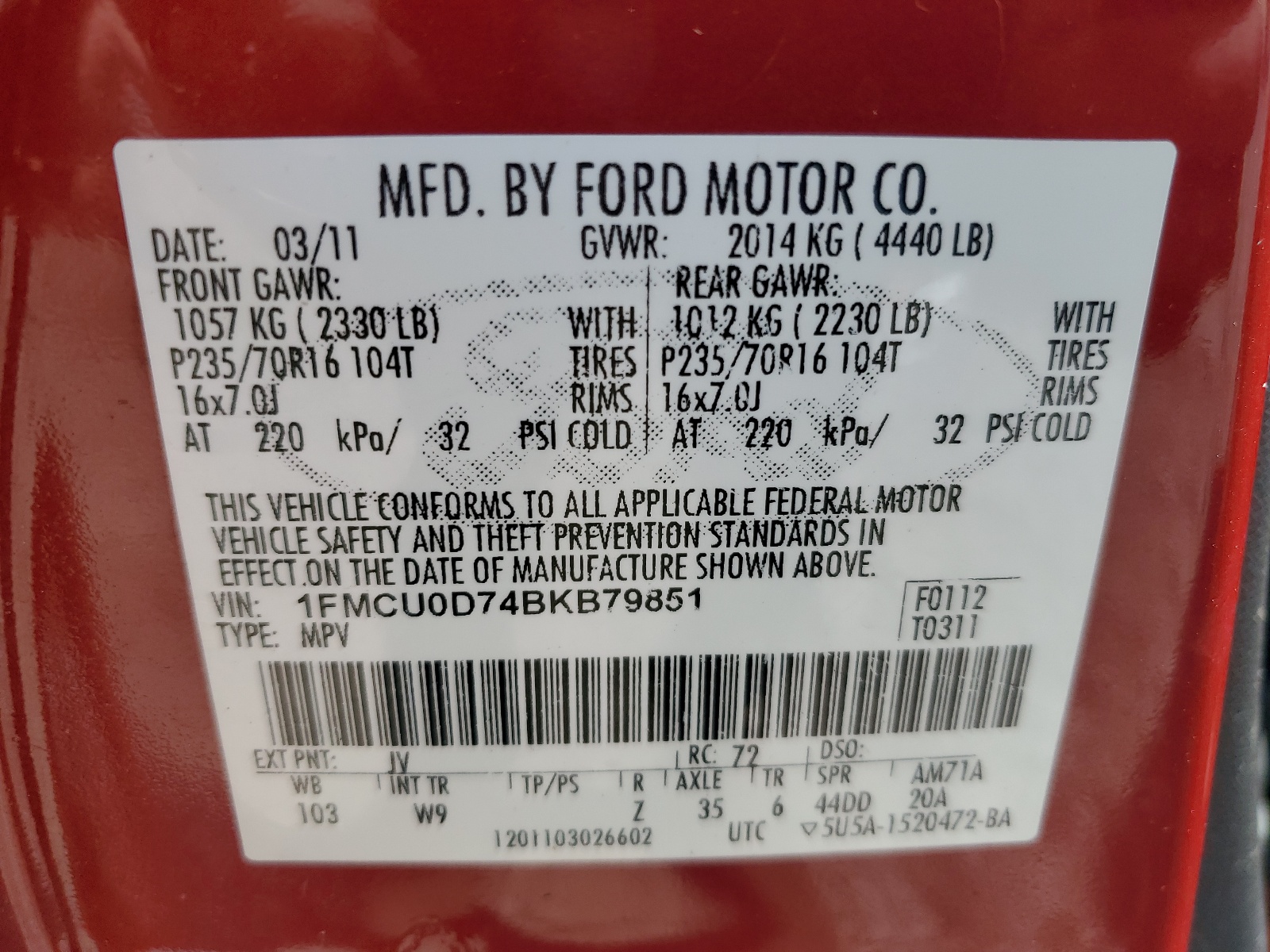 1FMCU0D74BKB79851 2011 Ford Escape Xlt